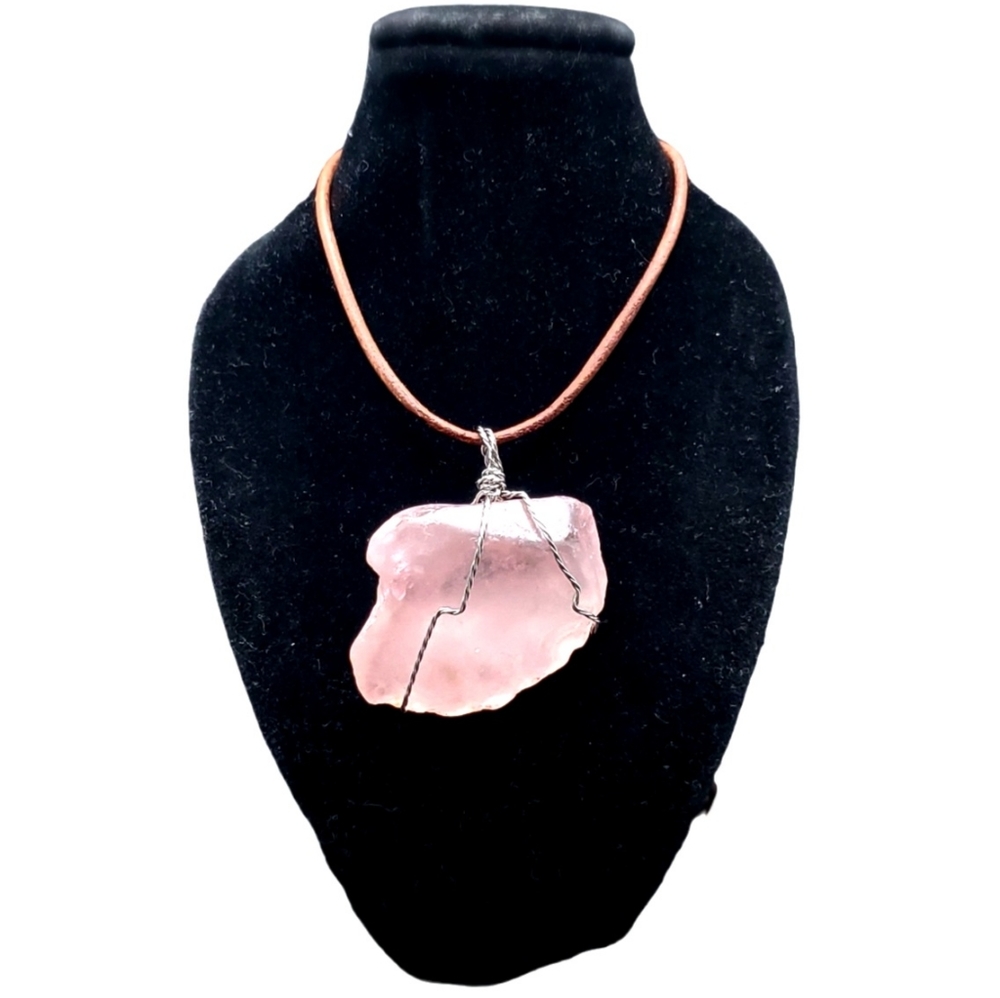 Handmade Pink Sea Glass Rope Necklace | Stainless Steel Wirewrap